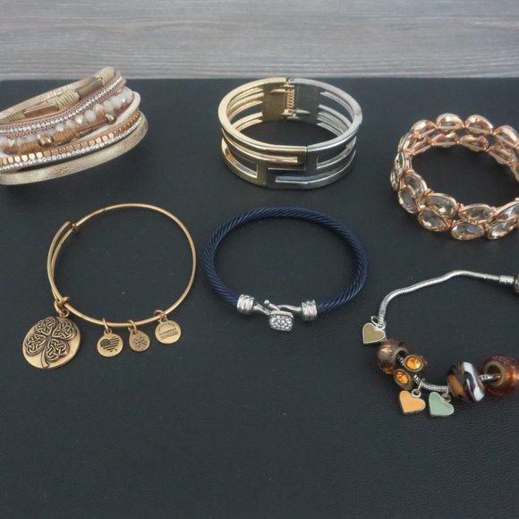 Alex and Ani Jewelry - Lot 6 Bracelets Alex Ani 4 Leaf Clover Gold Metallic Wrap Hinged Cuff Charm